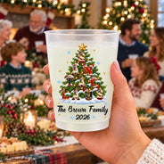 Christmas,Family,Happy,Icon - Christmas Gift For Family Gathering - Personalized Family Name And Year Merry Christmas Letter Tree Frosted Cups