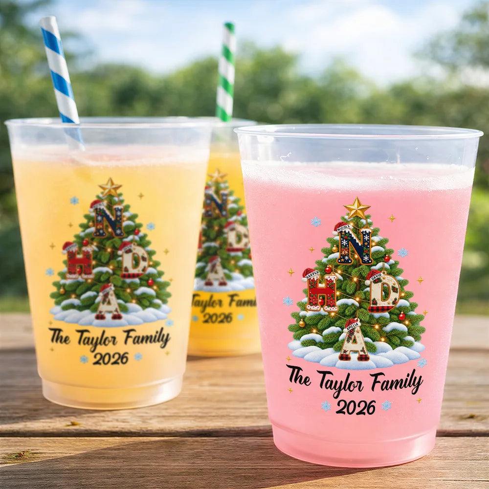Christmas,Family,Happy,Icon - Christmas Gift For Family Gathering - Personalized Family Name And Year Merry Christmas Letter Tree Frosted Cups
