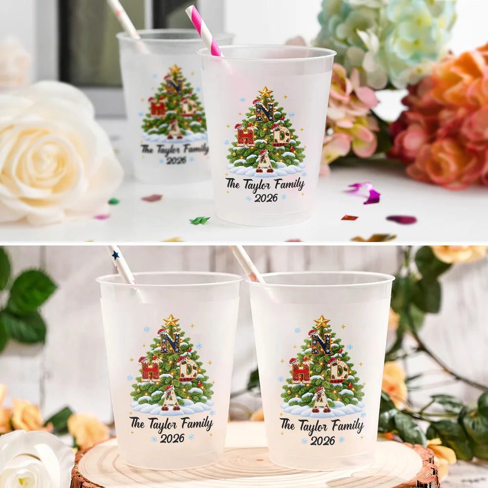 Christmas,Family,Happy,Icon - Christmas Gift For Family Gathering - Personalized Family Name And Year Merry Christmas Letter Tree Frosted Cups