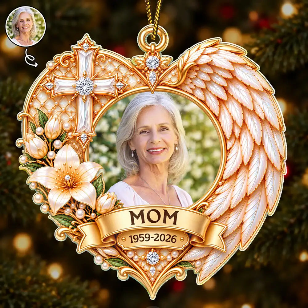 Christmas Sympathy Gift For Loss Of Loved One - Personalized Custom Photo Angel Wings Acrylic Ornament