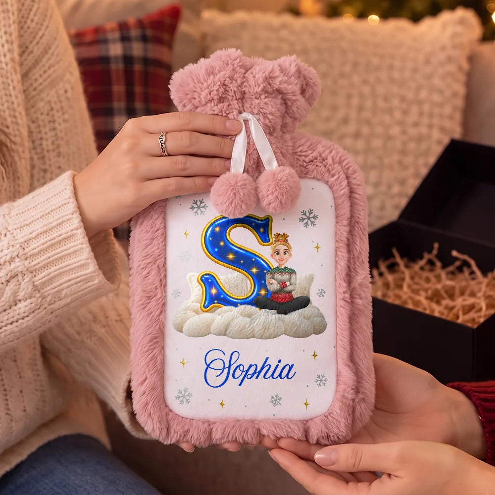 Christmas,Cozy,Gift For Yourself,Gifts For Her,Gifts For Him,Vector - Christmas Birthday Gift For Her - Personalized Initial With Character And Name Hot Water Bottle