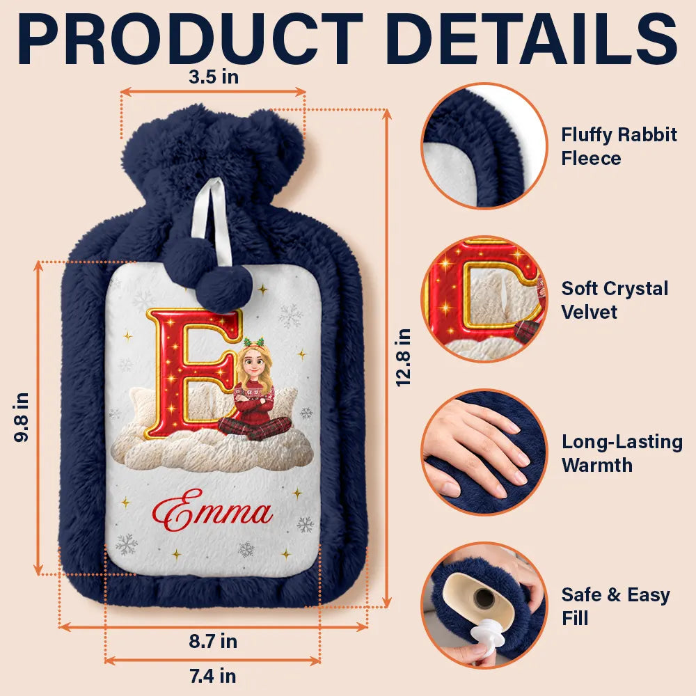 Christmas,Cozy,Gift For Yourself,Gifts For Her,Gifts For Him,Vector - Christmas Birthday Gift For Her - Personalized Initial With Character And Name Hot Water Bottle
