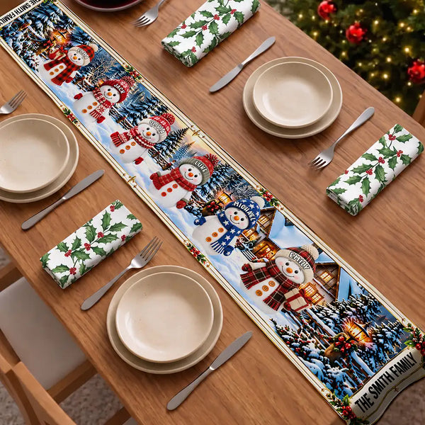 Christmas, Cozy, Family, Icon, Top Market - Christmas Decor Gift For Grandma And Mom - Personalized Family Name And Names Snowmen Together Table Runner