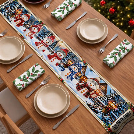 Christmas Decor Gift For Grandma And Mom - Personalized Family Name And Names Snowmen Together Table Runner