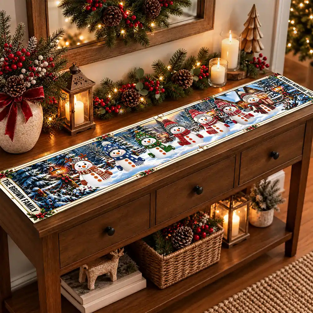 Christmas, Cozy, Family, Icon, Top Market - Christmas Decor Gift For Grandma And Mom - Personalized Family Name And Names Snowmen Together Table Runner