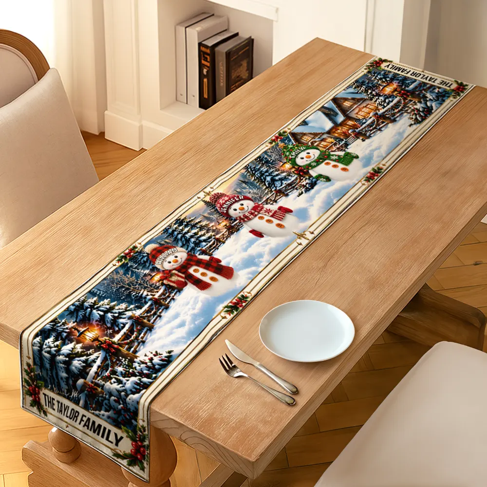 Christmas, Cozy, Family, Icon, Top Market - Christmas Decor Gift For Grandma And Mom - Personalized Family Name And Names Snowmen Together Table Runner