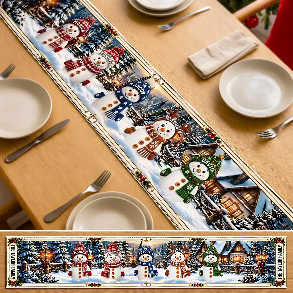 Christmas, Cozy, Family, Icon, Top Market - Christmas Decor Gift For Grandma And Mom - Personalized Family Name And Names Snowmen Together Table Runner