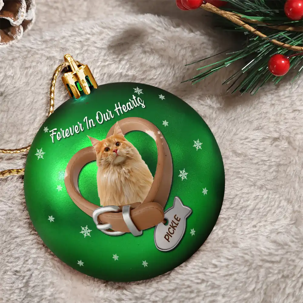 Christmas,Sad,Memorial,Cat Lovers - Custom Photo Heart-Shaped Collar With Fish Charm For Cat Lovers - Personalized Ball Ornament