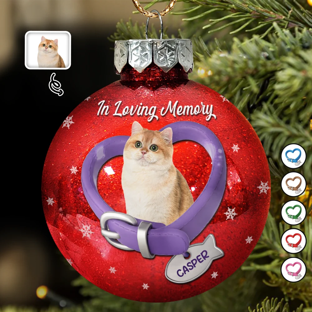 Custom Photo Heart-Shaped Collar With Fish Charm For Cat Lovers - Personalized Ball Ornament