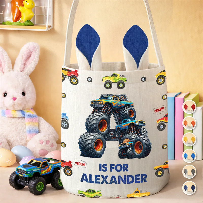 Gift For Kids,Grandpa,Grandkids,Grandma,Gift For Grandkids,Easter - Kid Monster Truck Toy Container Monogram Initial - Personalized Bunny Ears Bucket Bag
