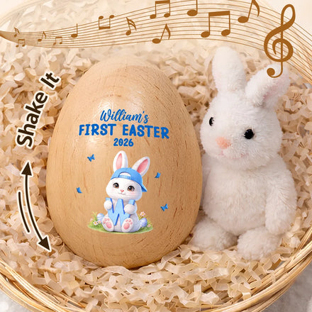 Easter Bunny Holding Alphabet Letter - Personalized Musical Wooden Easter Egg Shaker