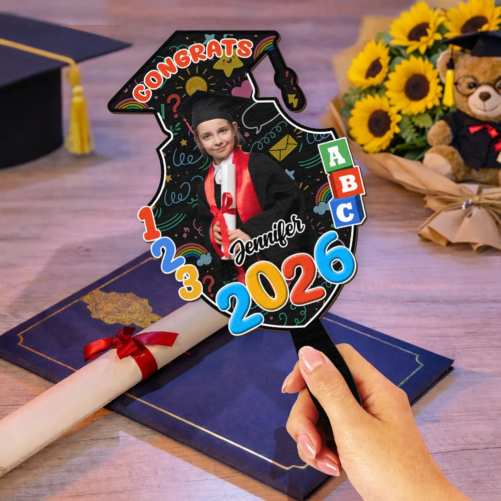 Graduation,Gift For Kids,Dad,Children,Mom,Happy - Custom Photo Congrats Pre-K Kindergarten Graduation - Personalized Graduation Handheld Fan