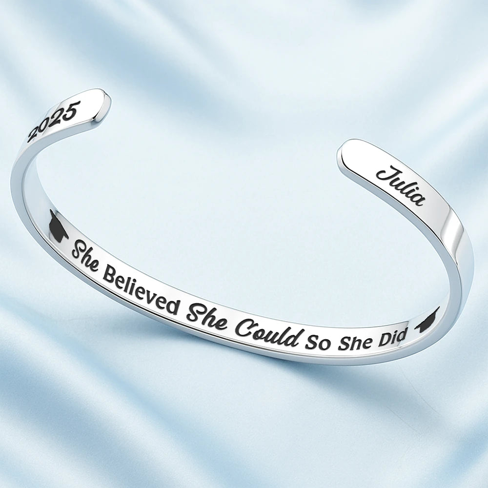 Graduation,Gift For Daughter,Dad - Daughters (Adult),Mom - Daughters (Adult),Mom - Sons,Gift For Son,Dad - Sons,Happy - She Believed She Could So She Did Graduation - Personalized Bangle Bracelet Cuff