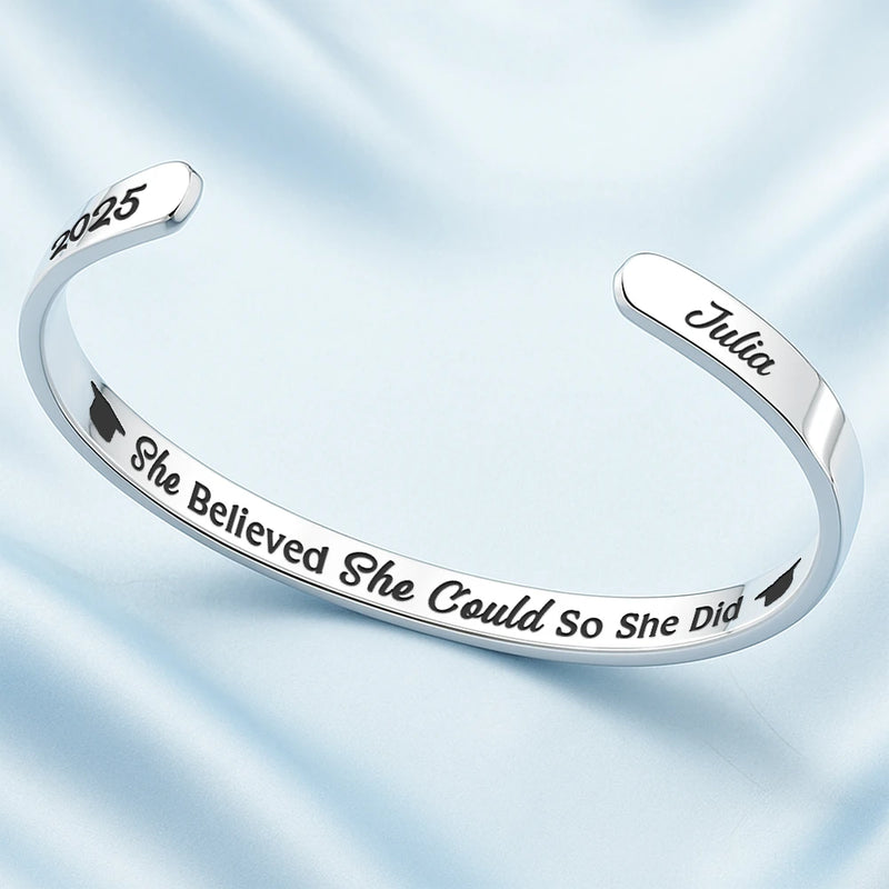Graduation,Gift For Daughter,Dad - Daughters (Adult),Mom - Daughters (Adult),Mom - Sons,Gift For Son,Dad - Sons,Happy - She Believed She Could So She Did Graduation - Personalized Bangle Bracelet Cuff