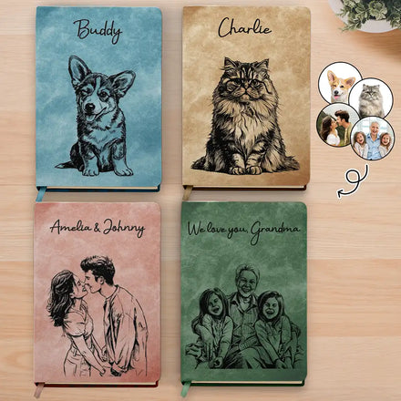 Custom Photo Pencil Sketch Family Besties Dog Cat Portrait - Personalized Leather Journal