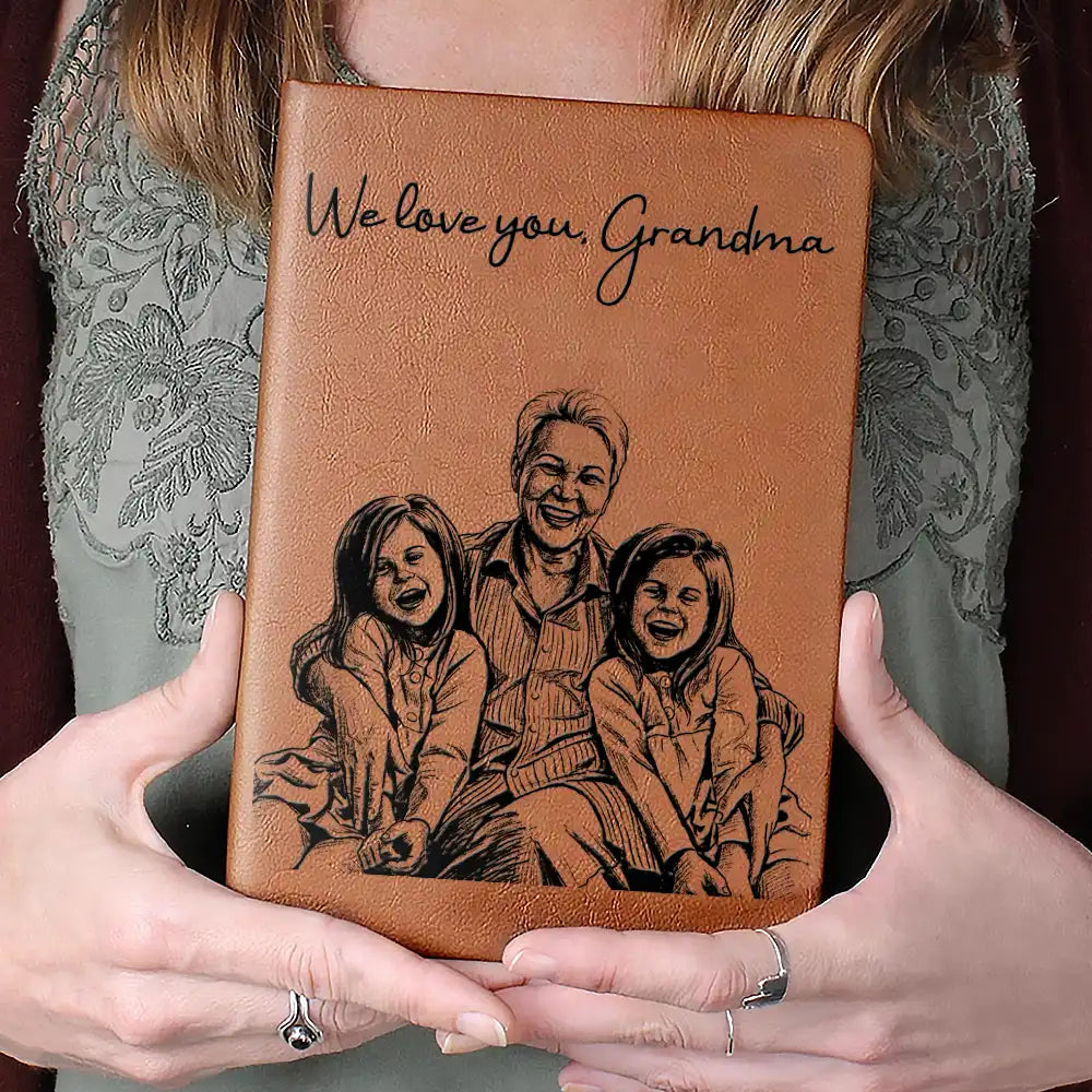 Family,Gift For Bestie,Dog Lovers,Cat Lovers,Happy,Custom Photo,Gift For Mother,Gift For Father - Custom Photo Pencil Sketch Family Besties Dog Cat Portrait - Personalized Leather Journal