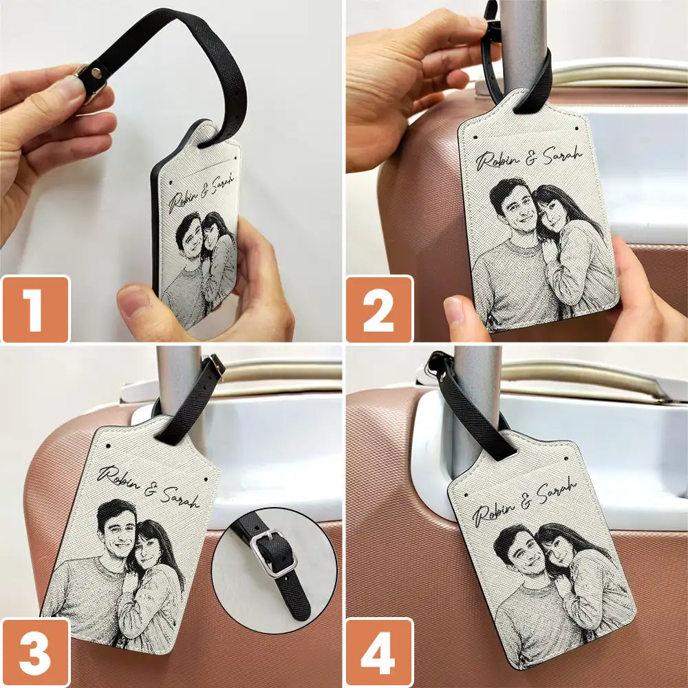 Family, Gift For Bestie, Dog Lovers, Cat Lovers, Happy, Custom Photo, Gift For Mother, Gift For Father - Custom Photo Pencil Sketch Family Besties Dog Cat Portrait - Personalized Luggage Tag