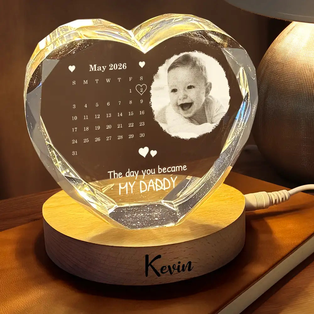 Gift For Mother,Gift For Father,New Dad,New Mom,New baby,Happy,Calendar,Photo - Calendar Custom Photo The Day You Became My Mommy Daddy - Personalized Crystal Heart Shaped Lamp