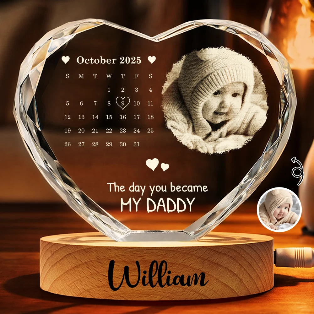 Gift For Mother,Gift For Father,New Dad,New Mom,New baby,Happy,Calendar,Photo - Calendar Custom Photo The Day You Became My Mommy Daddy - Personalized Crystal Heart Shaped Lamp