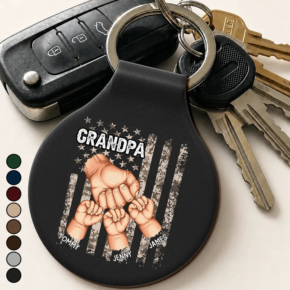 Stars And Stripes Grandpa Fist Bump With Kids - Personalized Custom Shaped Leather Keychain