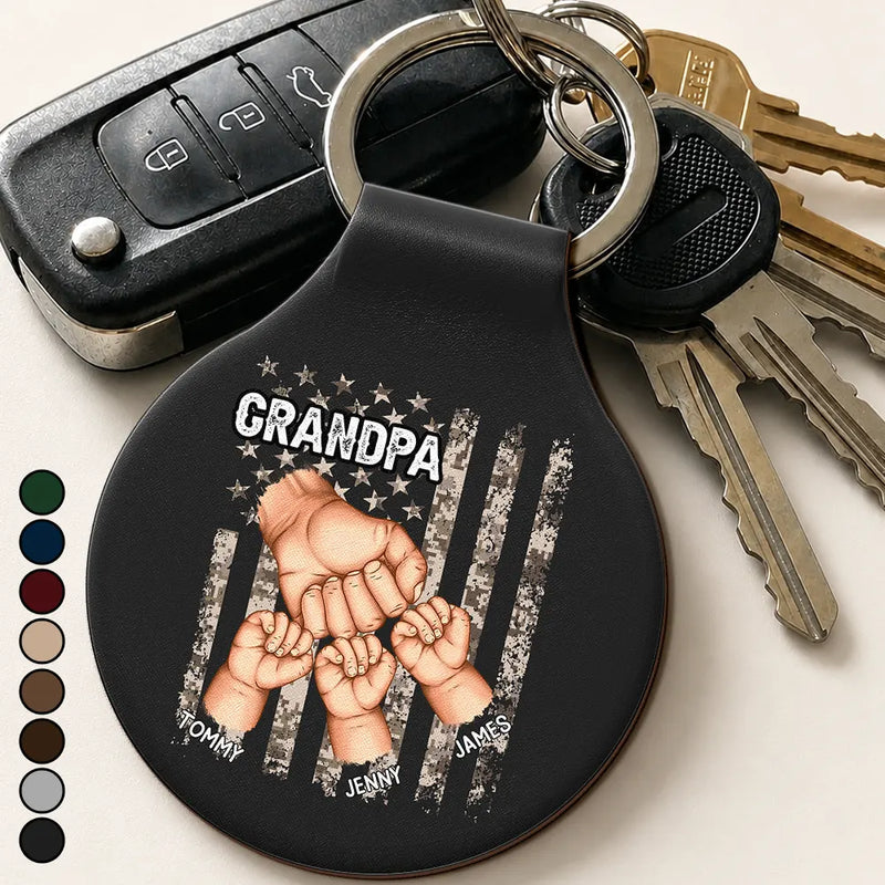 Gift For Father,Gift For Grandpa,Independence Day,Vector,Proud - Stars And Stripes Grandpa Fist Bump With Kids - Personalized Custom Shaped Leather Keychain