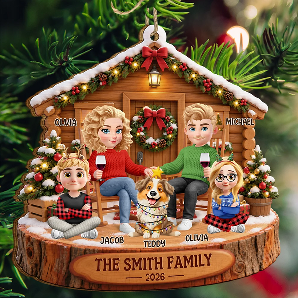 Christmas, Family, Happy, Vector - Christmas Gift For Family - Personalized Cartoon Parents Kids Pets Wooden Ornament
