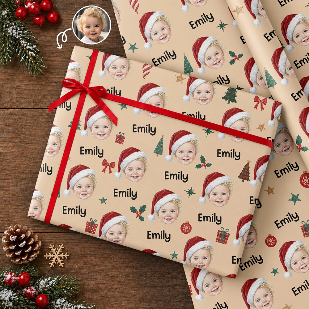 Christmas Gift For Kids - Personalized Face With Santa Hat Wrapping Paper