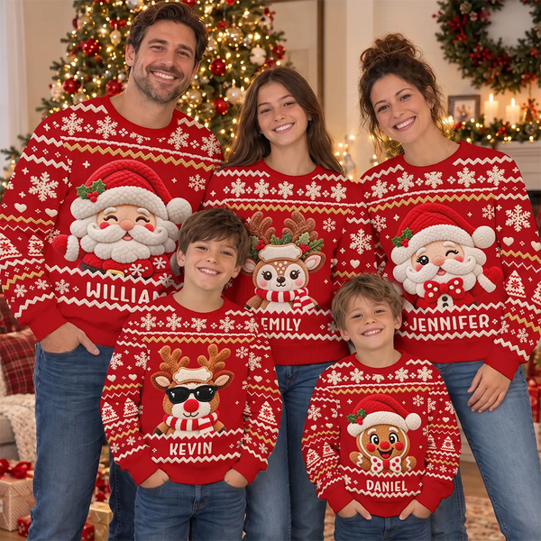 Christmas,Cozy,Family,Icon - Christmas Gift For Family - Personalized Faux Chenille Effect Santa Snowman Reindeer Unisex Ugly Sweater