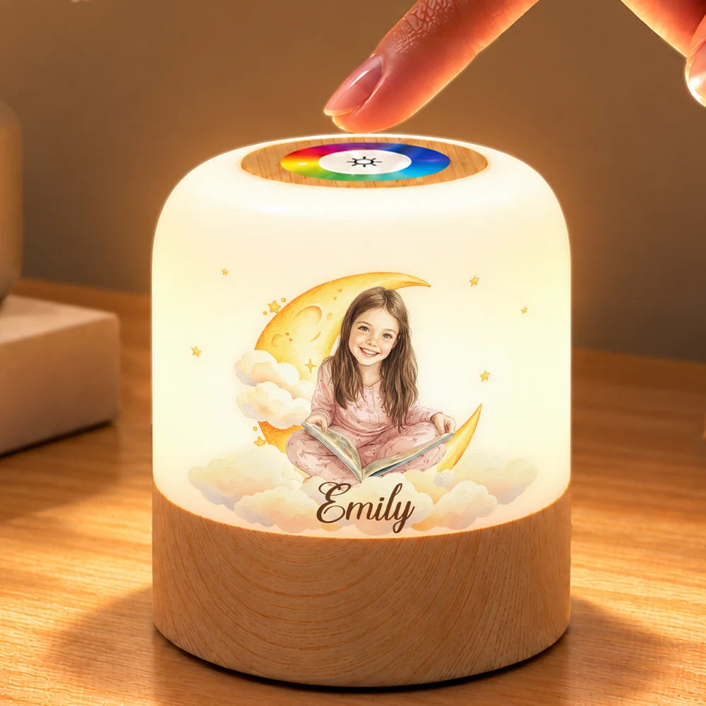 Adorable,Art Design,Custom Photo,Gift For Kids,Photo - Watercolor - Remove BG,Top Market - Birthday Gift For Kids - Personalized Custom Photo Watercolor Kid Portrait Moon And Stars Touch Night Light