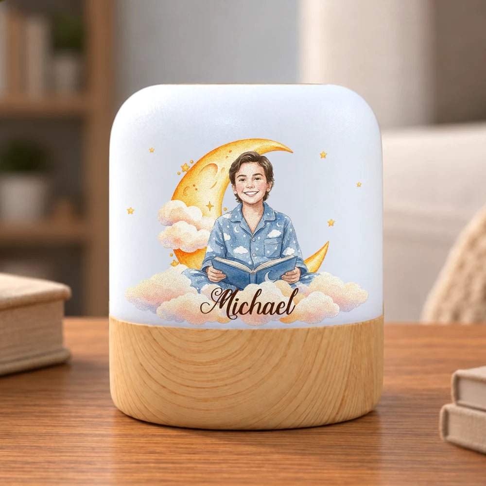 Adorable,Art Design,Custom Photo,Gift For Kids,Photo - Watercolor - Remove BG,Top Market - Birthday Gift For Kids - Personalized Custom Photo Watercolor Kid Portrait Moon And Stars Touch Night Light