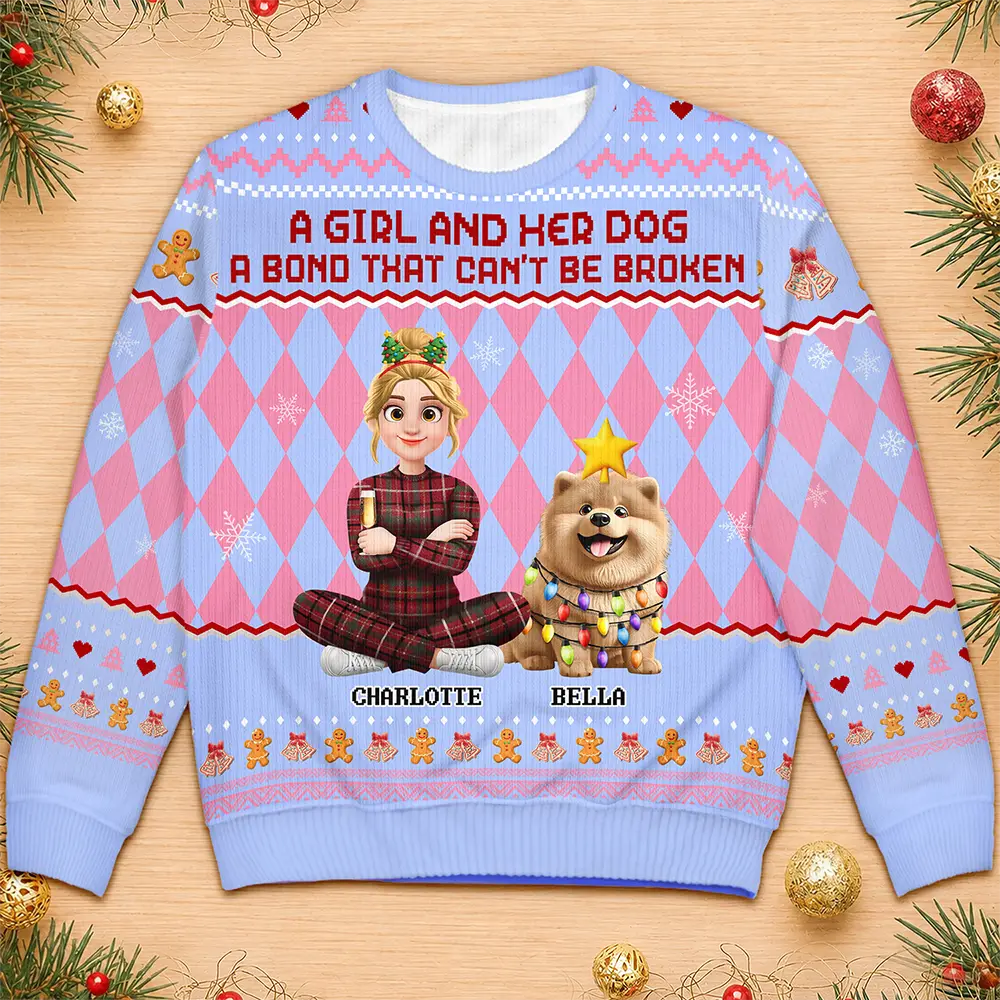 Christmas,Dog Mom,Gift For Mother,Gifts For Her,Happy,Pet Lovers,Vector - Christmas Gift For Dog Mom - Personalized A Girl And Her Dog Unisex Ugly Sweater
