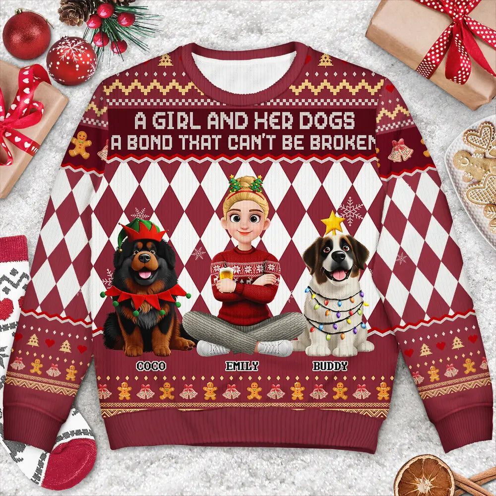 Christmas,Dog Mom,Gift For Mother,Gifts For Her,Happy,Pet Lovers,Vector - Christmas Gift For Dog Mom - Personalized A Girl And Her Dog Unisex Ugly Sweater