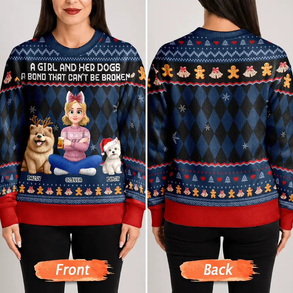 Christmas,Dog Mom,Gift For Mother,Gifts For Her,Happy,Pet Lovers,Vector - Christmas Gift For Dog Mom - Personalized A Girl And Her Dog Unisex Ugly Sweater