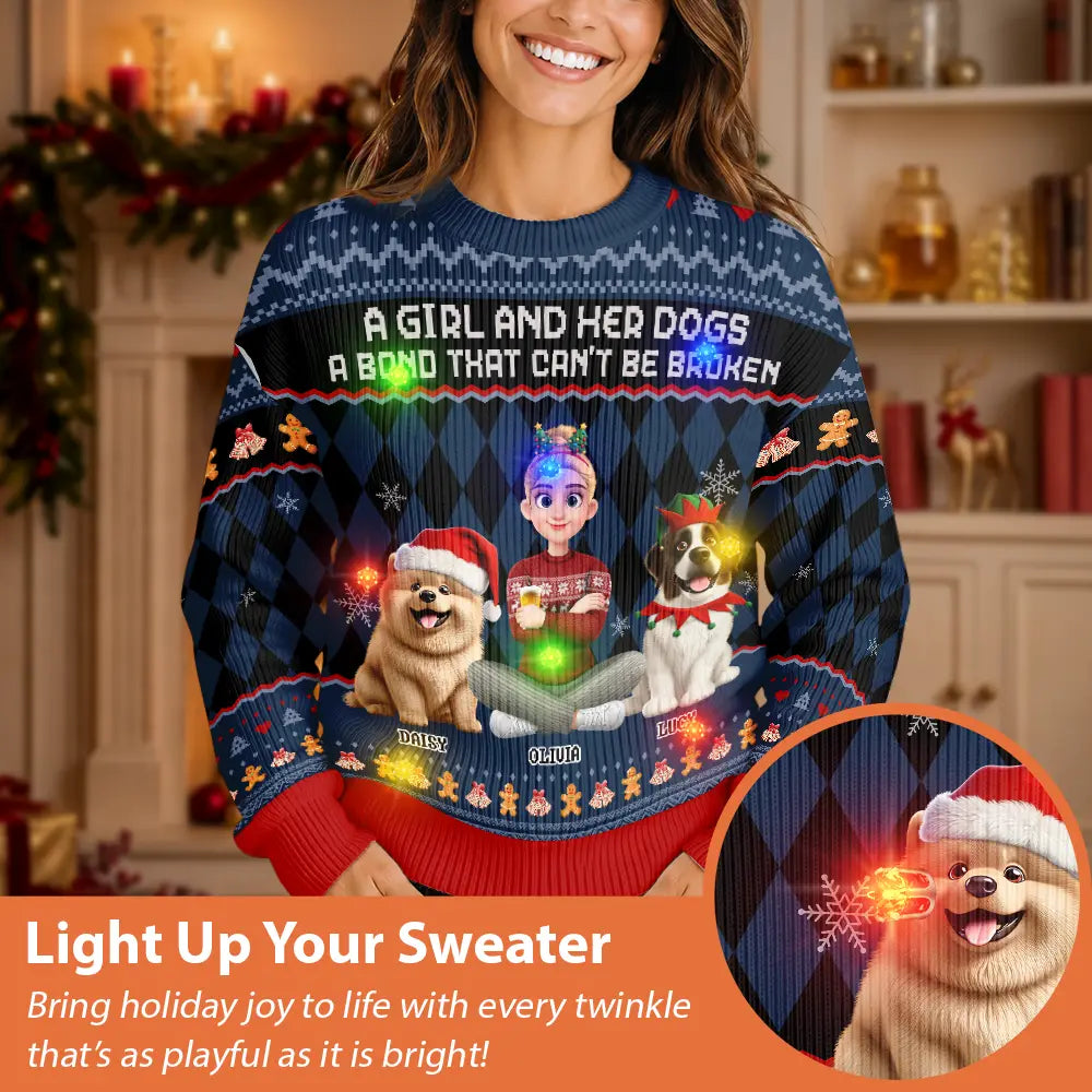 Christmas,Dog Mom,Gift For Mother,Gifts For Her,Happy,Pet Lovers,Vector - Christmas Gift For Dog Mom - Personalized A Girl And Her Dog Unisex Ugly Sweater