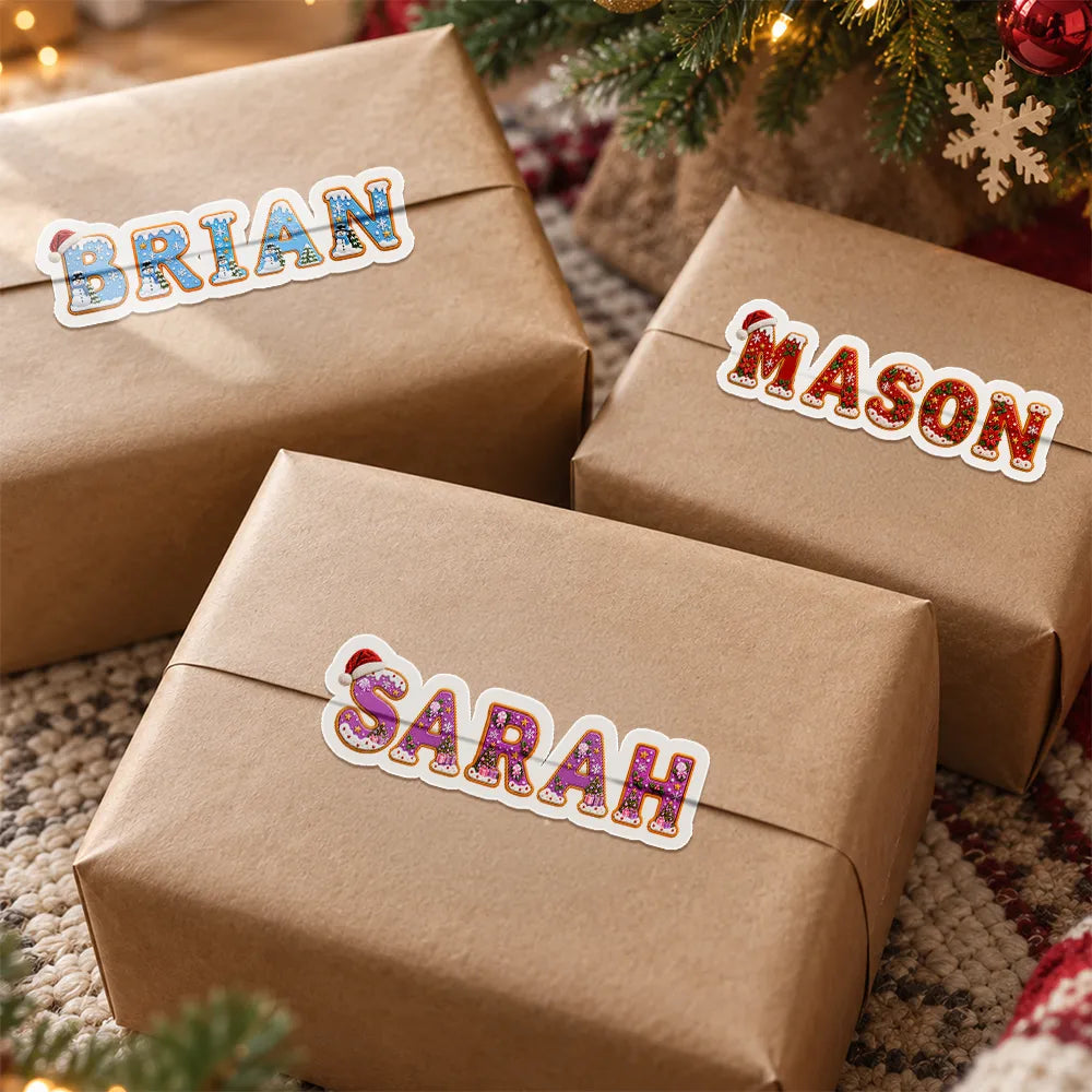 Adorable, Christmas, Gift For Kids, Icon - Christmas Gift Labels For Kids And Family - Personalized Name Santa Hat Letter Sticker