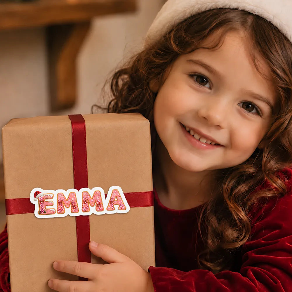 Adorable, Christmas, Gift For Kids, Icon - Christmas Gift Labels For Kids And Family - Personalized Name Santa Hat Letter Sticker