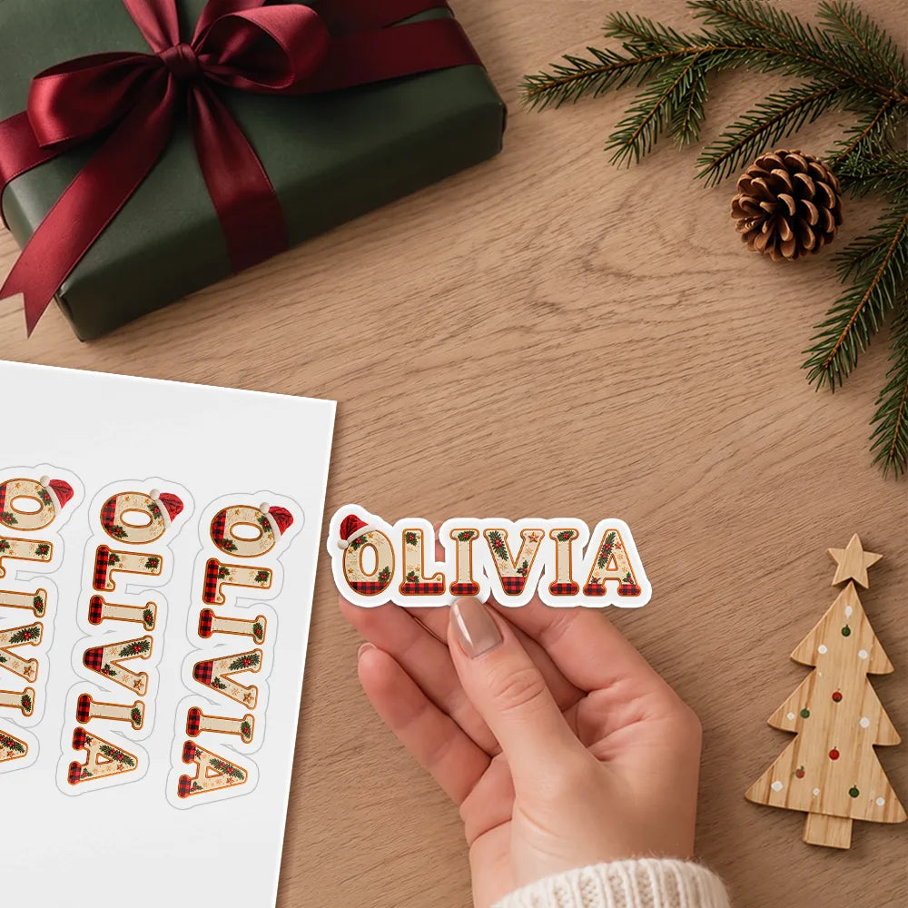 Adorable, Christmas, Gift For Kids, Icon - Christmas Gift Labels For Kids And Family - Personalized Name Santa Hat Letter Sticker