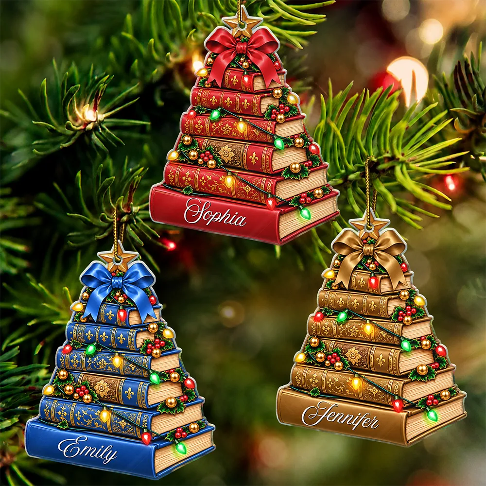 Christmas,Cozy,Gift For Women,Gift For Yourself,Gifts For Her,Icon,Reading - Christmas Gift For Book Lovers - Personalized Stack Of Books With String Lights Acrylic Ornament