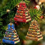 Christmas,Cozy,Gift For Women,Gift For Yourself,Gifts For Her,Icon,Reading - Christmas Gift For Book Lovers - Personalized Stack Of Books With String Lights Acrylic Ornament