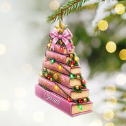 Christmas,Cozy,Gift For Women,Gift For Yourself,Gifts For Her,Icon,Reading - Christmas Gift For Book Lovers - Personalized Stack Of Books With String Lights Acrylic Ornament