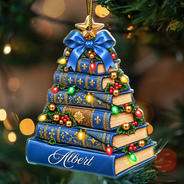 Christmas,Cozy,Gift For Women,Gift For Yourself,Gifts For Her,Icon,Reading - Christmas Gift For Book Lovers - Personalized Stack Of Books With String Lights Acrylic Ornament