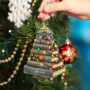 Christmas,Cozy,Gift For Women,Gift For Yourself,Gifts For Her,Icon,Reading - Christmas Gift For Book Lovers - Personalized Stack Of Books With String Lights Acrylic Ornament