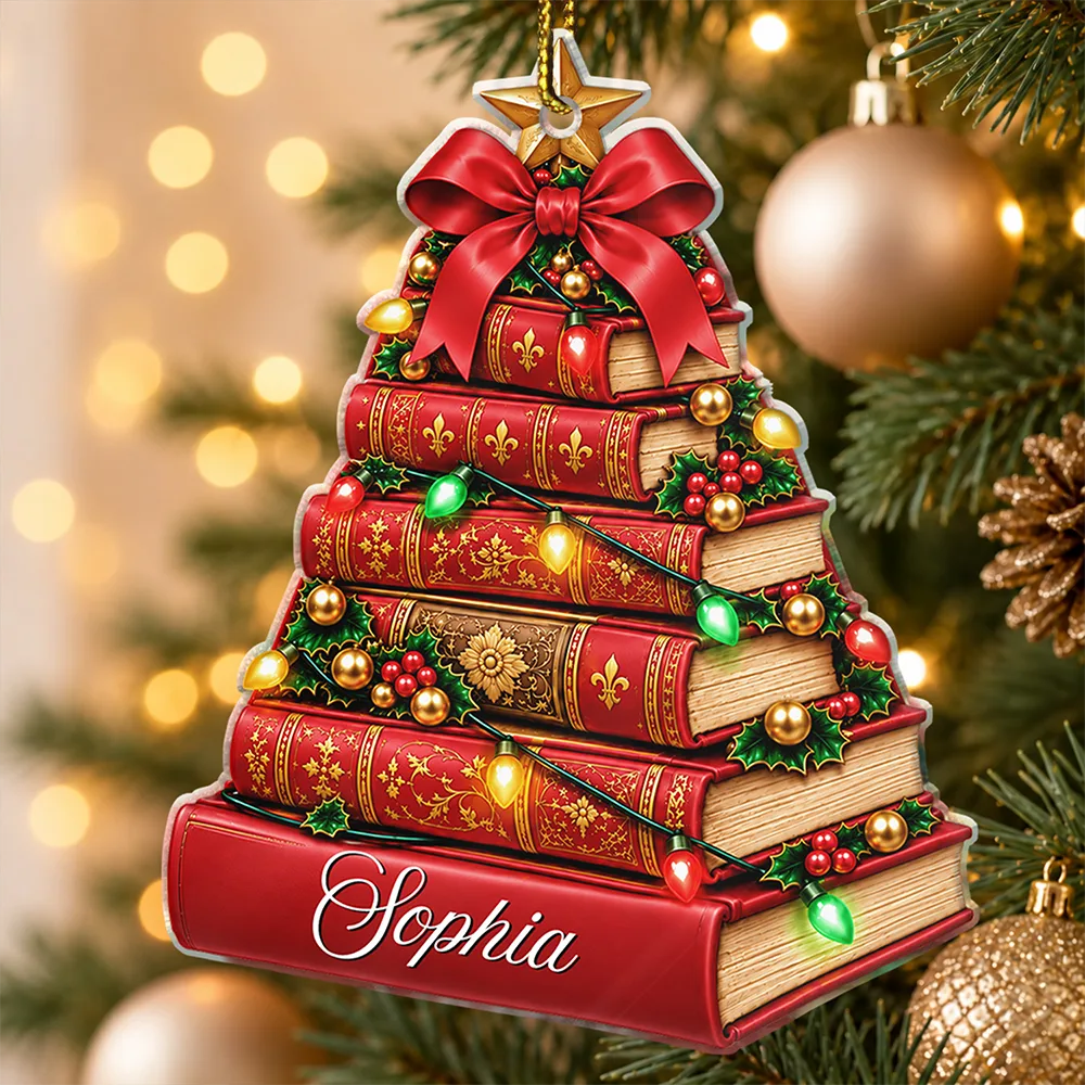 Christmas,Cozy,Gift For Women,Gift For Yourself,Gifts For Her,Icon,Reading - Christmas Gift For Book Lovers - Personalized Stack Of Books With String Lights Acrylic Ornament