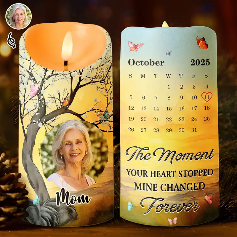 Memorial,Gift For Women,Gift For Men,Family,Sad,Top Market,Custom Photo - Custom Photo Calendar Memorial The Moment Your Heart Stopped - Personalized Flameless LED Candle