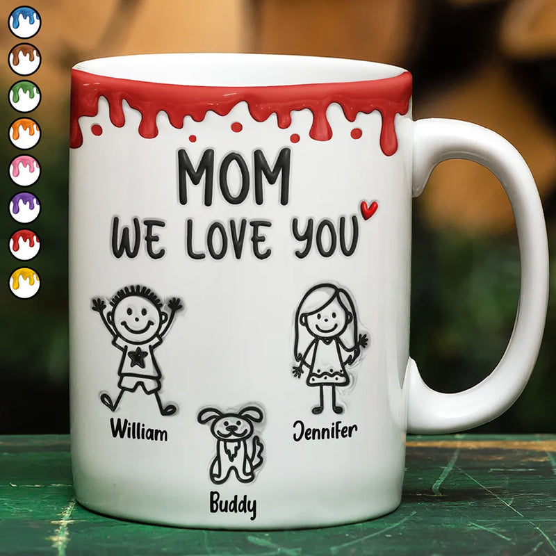 Gift For Mother,Funny,Mom,Children - Mom We Love You 3D Inflated Effect Stick Figure - Personalized White Edge-to-Edge Mug