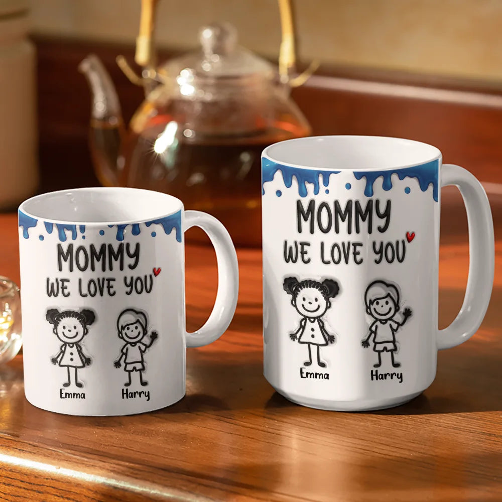 Gift For Mother,Funny,Mom,Children - Mom We Love You 3D Inflated Effect Stick Figure - Personalized White Edge-to-Edge Mug