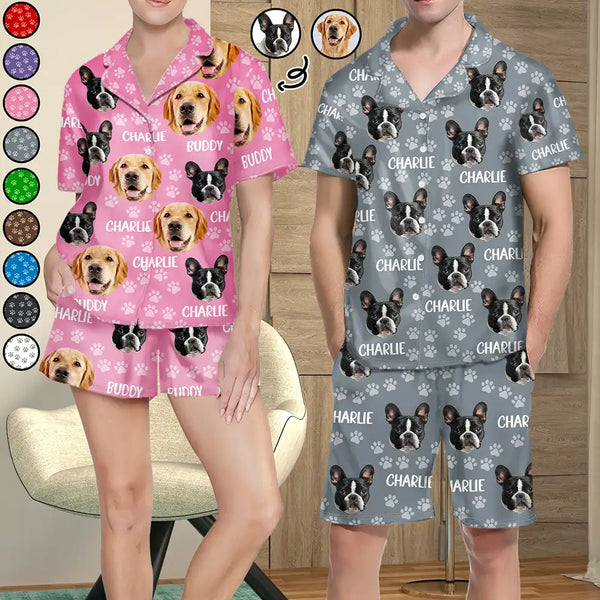 Custom Photo Funny Pet Face Pattern Dog Cat Family - Personalized Short Pajamas Set