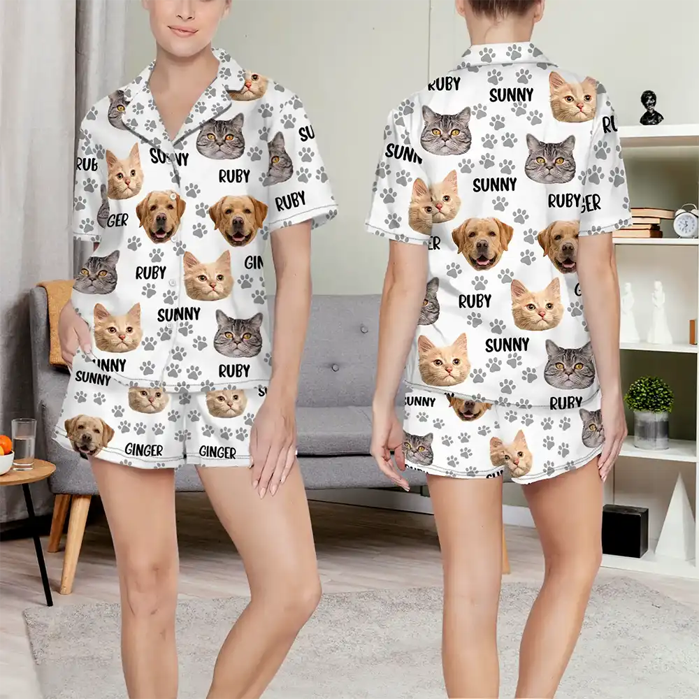 Custom Photo Funny Pet Face Pattern Dog Cat Family - Personalized Short Pajamas Set