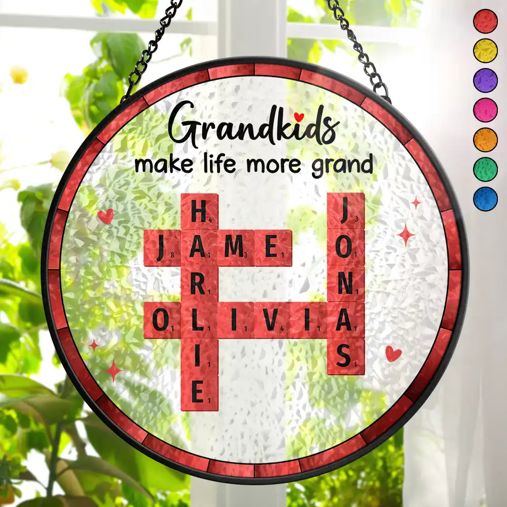 Crossword Grandkids Make Life More Grand - Personalized Stained Glass Window Hanging Suncatcher