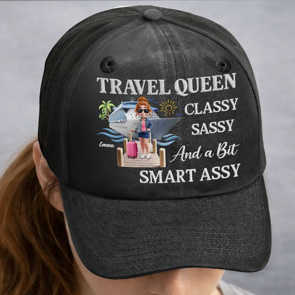 Cruising,Travel,Funny,Gift For Women - Cruise Queen Classy Sassy - Personalized Vintage Washed Denim Cap